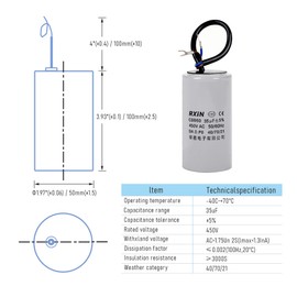 FOCMKEAS CBB60 Run Capacitor 35uF 450V AC 2 Wires 50/60Hz Cylinder 50mmx100mm (DXL) with Terminal for Washing Machine Air Compressor Water Pump Motor Refrigerators