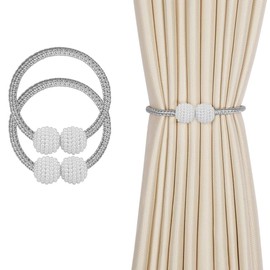 Magnetic Curtain Tiebacks (2 Pack) Pearl Ball Curtain Magnetic TieBacks Weave Rope Drape Tie Backs for Home, Office, Hotel Window Decorative, Grey
