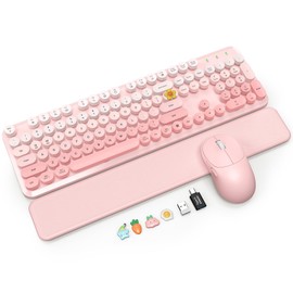Wireless Keyboard and Mouse Combo, Magnetic Soft-Touch Wrist Rest, Round Keycaps, Full-Size Retro Typewriter Keyboard, 2-Stage Tilt Legs, Auto Sleep, 2.4GHz Cordless for Windows PC, Blush Pink Ombre