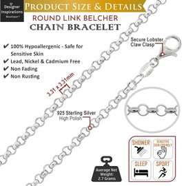 Designer Inspirations Boutique 7.5" Inch Sterling Silver 3.3 mm Wide Round Link Belcher/Rolo Chain Bracelet for Women Ladies Girls - Ideal Charm Bracelet for Clip-On Charms