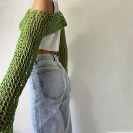 KEOMUD Women Mesh Crochet Crop Top Long Sleeve Hollow Out Cropped Knit Sweater Bikini Beach See Through Cover Ups Green Small