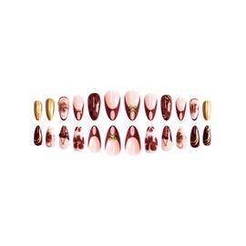Medium Press on Nails Almond Fake Nails Brown False Nails French Artificial Nails with Cherry Designs Acrylic Nails Press ons Summer and Fall Nails 3D Floral Stick on Nails for Women 24pcs