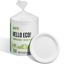 Perk Compostable Paper Plates, 9-inch, White, 250/Pack (PK61287)