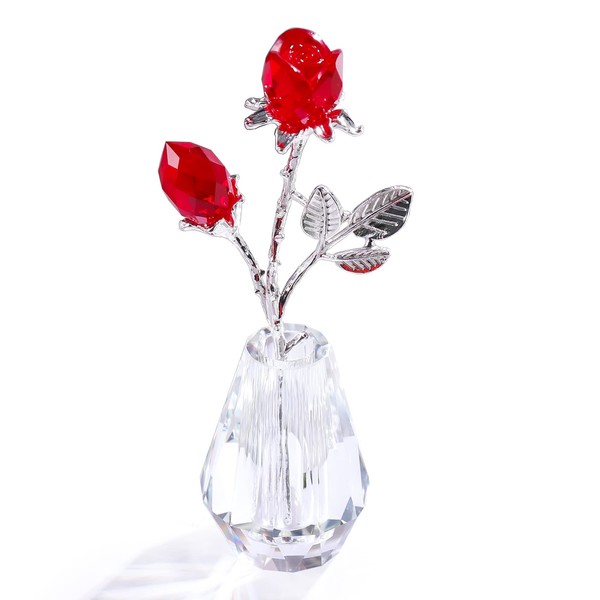 K9 Crystal Red Rose Gift with Buds, Rose Flower, Figurine, Rose Bouquet & Crystal Vase Stand, Gift for Girlfriend, Wife, Mother, Wedding Gift, Valentine's Day