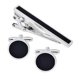 Jonwo Black Agate Round Men Cufflinks and Tie Clip Set Silver / 14K Gold Plated Tie Pin Cufflinks for Men Jewelry Wedding Party Business Birthday Anniversary Dress (Silver Set)