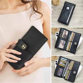 Contacts Full Grain Leather Clutch Wallet for Women Airtag Purse Large Card Holder Zipper Coin Purse Phone Organizer with RFID Blocking (Black)