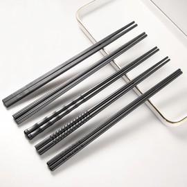 5 Pairs of Japanese Alloy Chopsticks, Reusable Classic Style, Washable for Dishwasher, Set in Beautiful Gift Box (Mixed Style)
