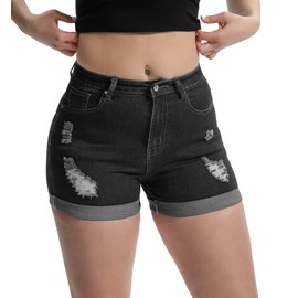 Romastory Women's High Waisted Elastic Jeans Shorts Folded Hem Hot Denim Shorts for Women (Large, Frazzlegrey)