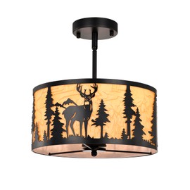 Sunnyin Rustic Semi Flush Mount Ceiling Light,Farmhouse Parchment Metal Dining Room Light Fixture with Deer Bear Design,3-Lights Industrial Black Chandeliers for Dining Room,Kitchen,Bedroom,Hallway