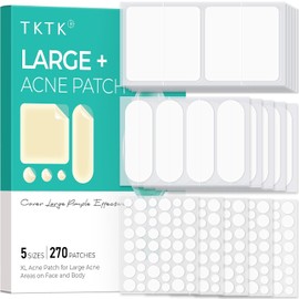 TKTK Pimple Patch for Face, Large Pimple Patches for Acne on Body, Back, Forehead & Cheek. XL Acne Patches, Hydrocolloid Plasters (5 Sizes, 270 Pieces)