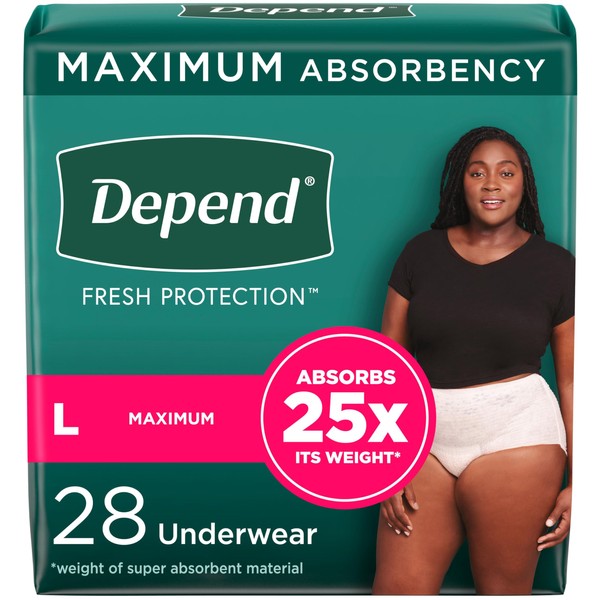 Depend Fresh Protection Adult Incontinence Underwear for Women (Formerly Depend Fit-Flex), Disposable, Maximum, Large, Blush, 28 Count, Packaging May Vary