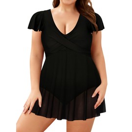 SHEKINI Women's Plus Size Swimsuits Splice Mesh Skirt One Piece Swim Dress, Black, XX-Large