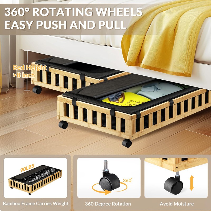 Gashell 2 Pack Bamboo Under Bed Storage with Wheels, 39”x20”x7.8”