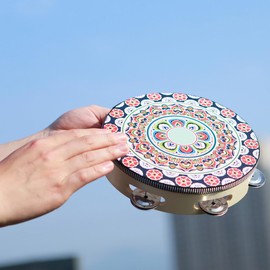 OriGlam 8 Inch Tambourine Wood Handbell Music Drum, Handheld Tambourine Drum Bell Metal Jingles Percussion Instrument Drum for Church, Dance, Party, KTV (Red)