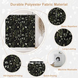 Ttincceer Herbaceous Plant Shower Curtain, Green Plants Herb Floral Bathroom Curtain, Black Botanical Shower Curtain Set with 6 Hooks for Bathroom, 36Wx72L inch