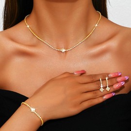 Aukmla Rhinestones Bridal Wedding Jewelry Sets Sparkly Necklace Earrings Bracelet Set Prom Formal Jewelry for Brides and Women (Gold)