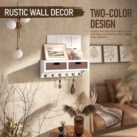 Key Holder Wall Mount with 2 Drawer Organizer : Decorative 2-Color Mail Organizer for Wall with 6 Hooks - Farmhouse Home Organization for House Decor (White & Retro Brown)