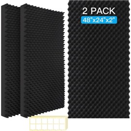 2 Pack Acoustic Panels, 48x24x2” Egg Crate Soundproof Foam Wall Panels High Density Noise Canceling Studio Foam Wall Panels for Echo Absorption Home Office (Black 2 Pack, 48"x24"x2")