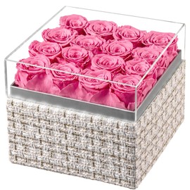 Eterfield Forever Flowers Preserved Roses Real Roses That Last a Year Rose Box Gifts for Her Mothers Day Valentines Day Christmas (Square Gold White Plaid Box, 16 Pink Roses)