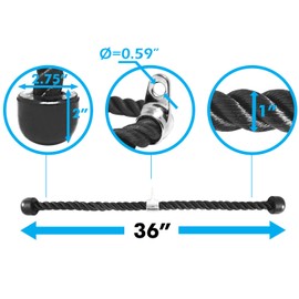 A2ZCARE Tricep Rope 27-36 inch Rope Lenght, Pull Down Fitness Cable Attachment Machine with Solid Non Slip Ends_Includes Snap Hook