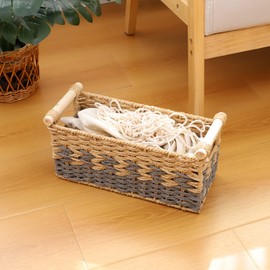 JJSQ Storage Baskets for Organizing with Handles Paper Rope Woven Wicker Storage Basket for Shelves Decorative Storage Bins for Toilet Tank Small Boho Home Decor