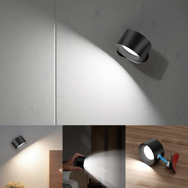 Sunsign LED Aplique de Pared, Lámparas de Pared Magnético USB Recargable, 2200mAh, 3 Temperaturas de Color y 3 Niveles de Brillo, Bola Magnética de Rotación de 360°para Lámpara de Lectura, Dormitorio