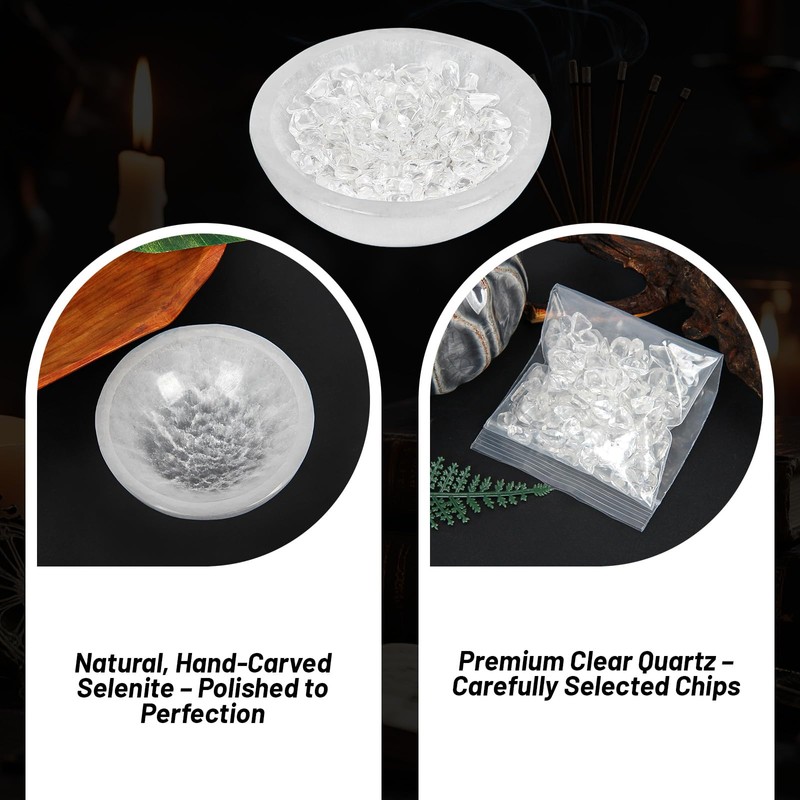 Orientrea 4" Selenite Crystal Bowl with 100g Clear Quartz Chips-
