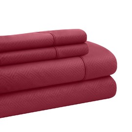 4 Piece Embossed Super Soft Fabric Microfiber Sheets King Size | Beautiful Emboss Geometric Design 16" Deep Pocket Burgundy Red Bed Sheet Set - Durable Comfortable Warm Cozy Wrinkle Free Luxury Sheet