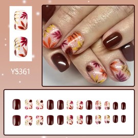 Thanksgiving Press on Nails Short Square Fake Nails with Fall Leaves Design Brown False Nail Press ons Reusable Artificial Nails Full Cover Glue on Nails Stick on Nails for Women Manicure 24 Pcs