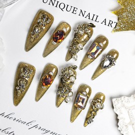 JODSONE Press on Nails Gold Rhinestone Almond Shape Handmade 3D Fake Nail Tips Reuseable Fashionable Design Long Lasting Fit Easy to Create Exquisite Fingertips- Medium