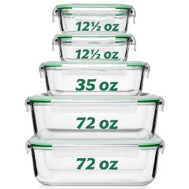 Fusion Gourmet Large Glass Food Storage Containers with Lids [5 Pack, 72 oz, 9 Cup], Airtight, Leakproof, Microwave and Oven Safe Borosilicate Glass