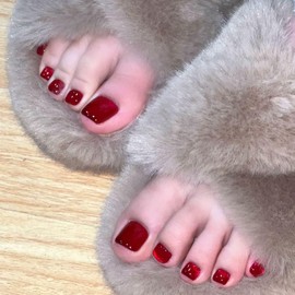 Square Press on Toenails Short Burgundy Fake Toe Nail Summer Toe Nails Press ons Glossy Toenails Gule on Burgundy Full Cover Press on Toe Nail for Women 24Pcs