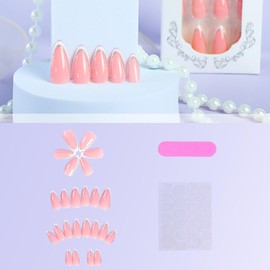 ANDGING French Tip Press on Nails White Short Medium Almond Glue on Nails with Bling Silver Designs Glitter Fake Nails Fantasy Acrylic False Nails for Women Wedding Manicure Full Cover Stick on Nails