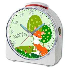 CreaDesign, WU-71-1057, Fuchs, analog Kinderwecker weiß, Funkwecker mit Sweep-Uhrwerk und fluoreszierenden Zeiger und Licht, personlisiert mit Namen, 10,2 x 4,6 x 11 cm