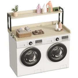 CBBPET 2-Tier Washer Dryer Countertop with 3.4" H Edge, 54" W x 27.6" D Laundry Countertop Over Washer and Dryer for Folding Clothes with 9 Non-Slip Pads & 3 Metal Hooks (Natrual Wood)