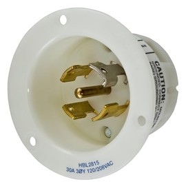 Locking Devices, Twist-Lock, Industrial, Flanged Inlet, 30A 3-Phase Wye 120/208V AC, 4-Pole 5-Wire Grounding, L21-30P, Screw Terminal, White