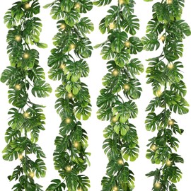 IPOPU 4PCS Artificial Monstera Leaf Ivy Vines with Light Strings, 5.7FT Faux Tropical Palm Leaf Garland Fake Monstera Hanging Greenery Plant for Garden Jungle Hawaiian Party Porch Patio Outdoor Decor
