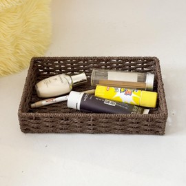 QINGTUHOME Small Woven Paper Rope Baskets for Storage(4PCS), Basket Tray for Drawer,Shelves,Closet Organizing & Decor (Dark Brown)