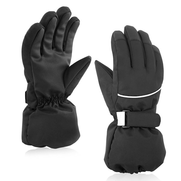 Children's Winter Gloves Ski Gloves for Boys Warm Gloves for Girls with Fleece Lining Protective Gloves Waterproof Sports Gloves 4 to 14 Years, Black