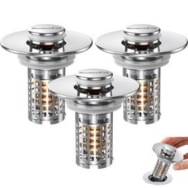 3-in-1 Bathroom Sink Drain Strainer, Stainless Steel Pop-up Strainer Basket Hair Catcher with Removable Basket, Brass Bullet Core, Universal Fit 1.1-2.36 Inch (3PCS)