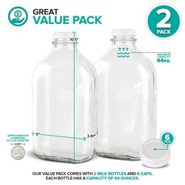 Stock Your Home Liter Glass Milk Bottles (2 Pack) - 32-Oz Milk Jars with Lids - Food Grade Glass Bottles - Dishwasher Safe - Bottles for Milk, Buttermilk, Honey, Maple Syrup, Jam, BBQ Sauce