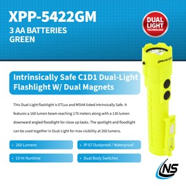 Nightstick XPP-5422GM Intrinsically Safe Dual-Light Flashlight w/Magnets-3 AA (not Included) -Green-UL913, Multicolor