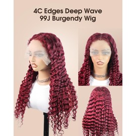 MENTOR 4C Edges Lace Front Wig Deep Wave Burgundy Human Hair 13x4 99j Red Lace Frontal Wigs Deep Curl with Kinky Edges Pre-Plucked 180% Density 22 inch