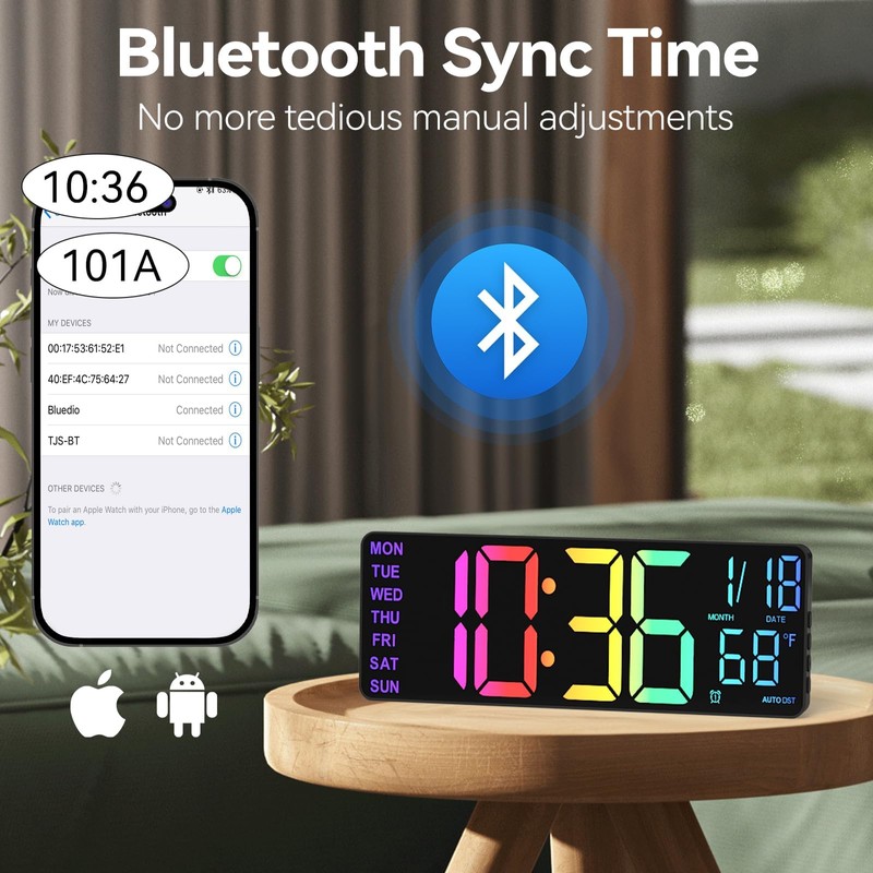 YISILE 13" Digital Wall Clock with Night Light,8 RGB Color,Dual
