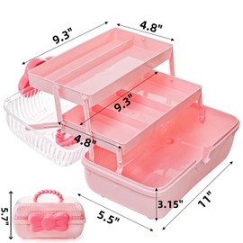 Noamus 11" Three-Layer Multipurpose Storage Box, Clear Plastic Art Craft Organizer, Portable First Aids Case with Handle Trays for Kids, Sewing Makeup Nail Hair Accessories, Home School Office(Pink)