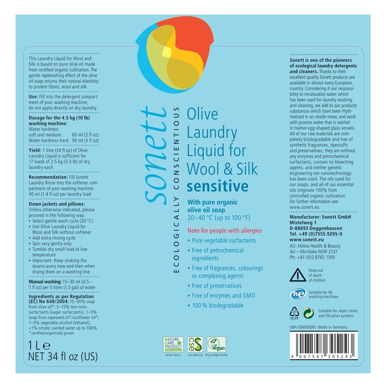 Sonett Organic Olive Laundry Liquid for Wool and Silk, Sensitive