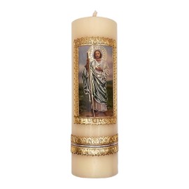 Velas Toscano - Cirio Devocional de San Judas Tadeo Grande (6.3 * 20 cm) 575gr Artesanal con Detalle en Cera Imagen de Protección y Ayuda Enmarcada en Cera