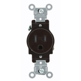 Leviton 15 Amp, 125 Volt, Narrow Body Single Receptacle, Straight Blade, Tamper Resistant, Commercial Grade, Grounding, T5015, Brown