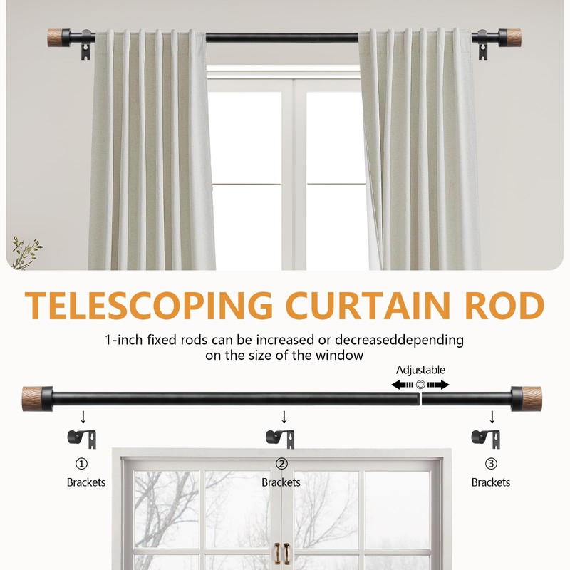 Adjustable Rustic Wood Curtain Rods for Windows 32-144 Inch,Black