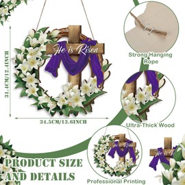 Queekay Easter He Is Risen Wreath for Front Door Decor Religious Easter Decoration Wooden He Is Risen Spring Wreath Cross Door Sign Hanging Sign Christian Jesus Decor for Outdoor Wall Party Supplies